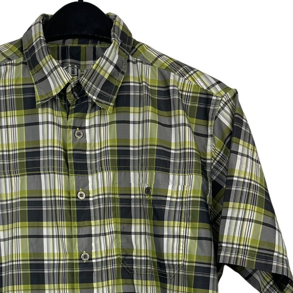 KUHL Ionik Mens L Short‎ Sleeve Button Up Shirt Wicking Lightweight Plaid Gray